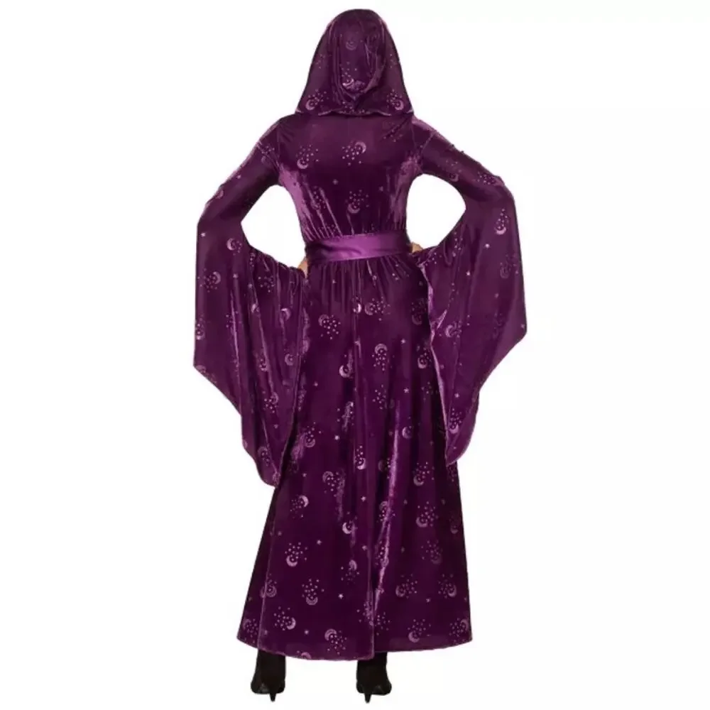 Spirit Purple Crushed Velvet Celestial Hooded Dress Cloak Moon Star Bell Sleeve - Picture 2 of 10